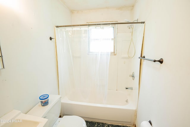 bathroom featuring toilet and shower / bathtub combination with curtain