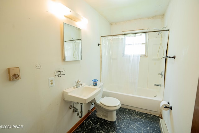 bathroom with toilet and shower / tub combo with curtain