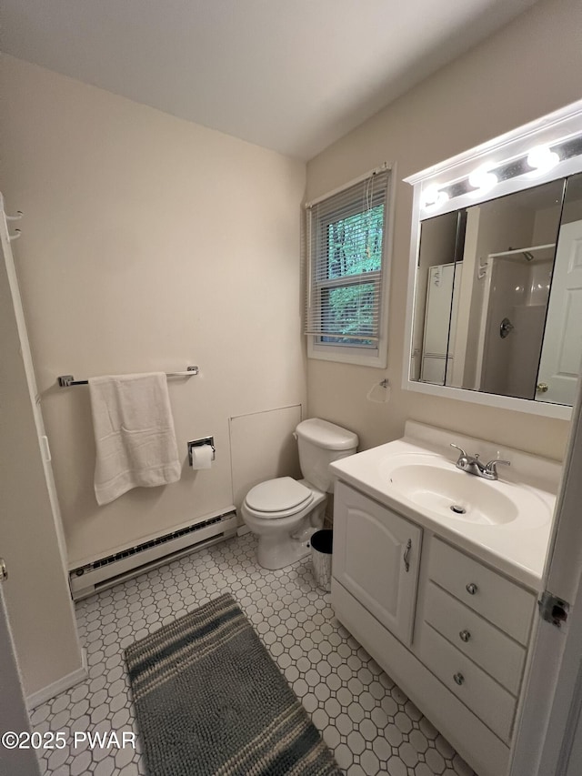259 Florence Trl, Hawley, PA 18428 - bathroom featuring a baseboard radiator, vanity, and a stall shower
