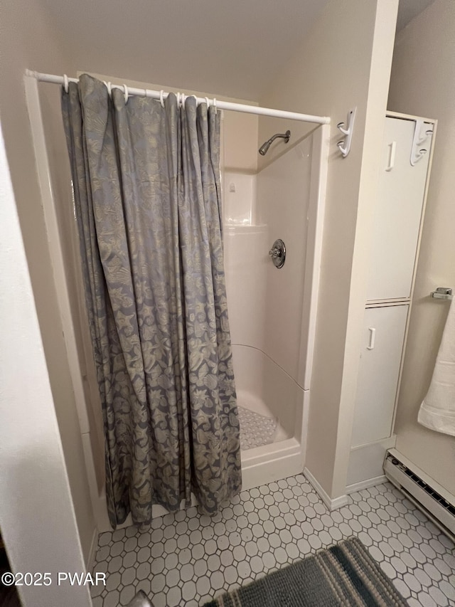 259 Florence Trl, Hawley, PA 18428 - bathroom with a baseboard radiator and a stall shower