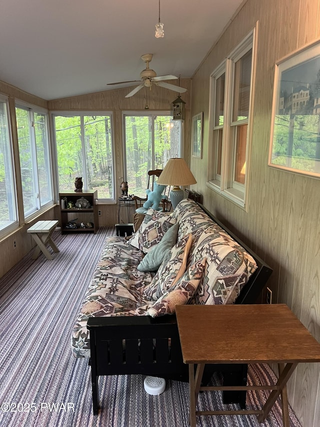 259 Florence Trl, Hawley, PA 18428 - sunroom with carpet, wood walls, and lofted ceiling