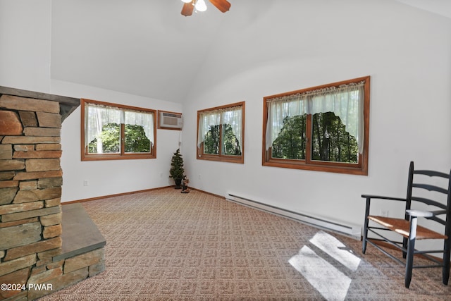 living area featuring carpet, a wall unit AC, ceiling fan, a baseboard radiator, and high vaulted ceiling