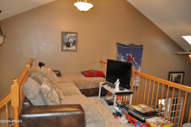 123 Fern Dr, Canadensis, PA 18325 - living area featuring vaulted ceiling, carpet flooring, and a skylight