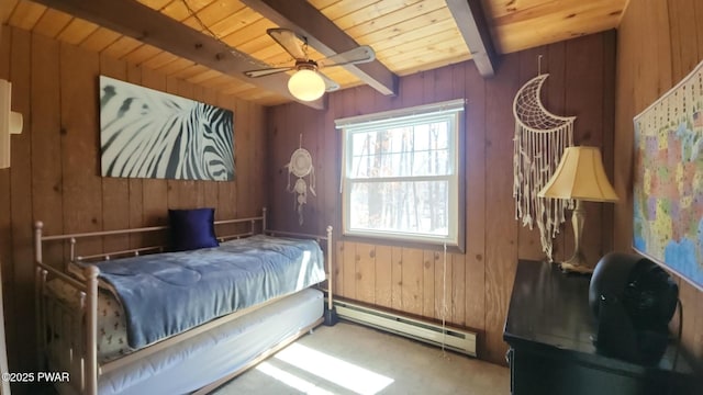 213 Powderhorn Dr, Lackawaxen, PA 18435 - bedroom with a baseboard heating unit, wooden walls, beamed ceiling, wood ceiling, and carpet floors
