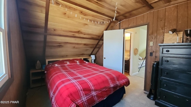 213 Powderhorn Dr, Lackawaxen, PA 18435 - carpeted bedroom featuring wooden ceiling, vaulted ceiling, and wood walls
