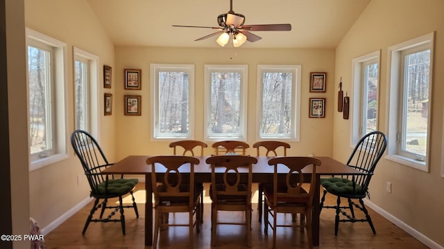 213 Powderhorn Dr, Lackawaxen, PA 18435 - dining area with plenty of natural light, lofted ceiling, baseboards, and dark wood finished floors