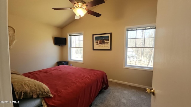 213 Powderhorn Dr, Lackawaxen, PA 18435 - bedroom with carpet floors, baseboards, vaulted ceiling, and ceiling fan
