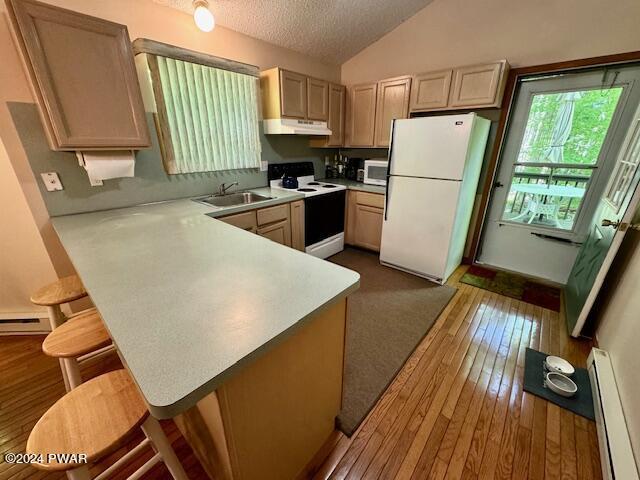 kitchen featuring kitchen peninsula, dark hardwood / wood-style flooring, white appliances, sink, and a baseboard radiator