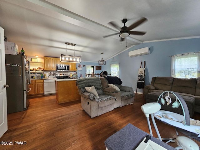 living area featuring a wall mounted AC, a ceiling fan, dark wood-style floors, lofted ceiling, and ornamental molding
