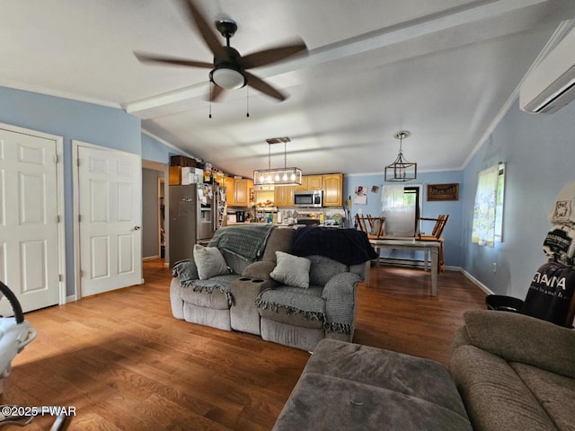 living area with a ceiling fan, crown molding, light wood-style floors, a wall unit AC, and baseboards