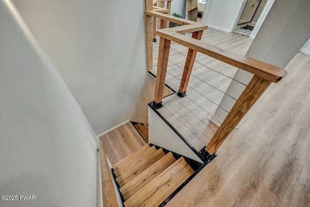 staircase with hardwood / wood-style floors