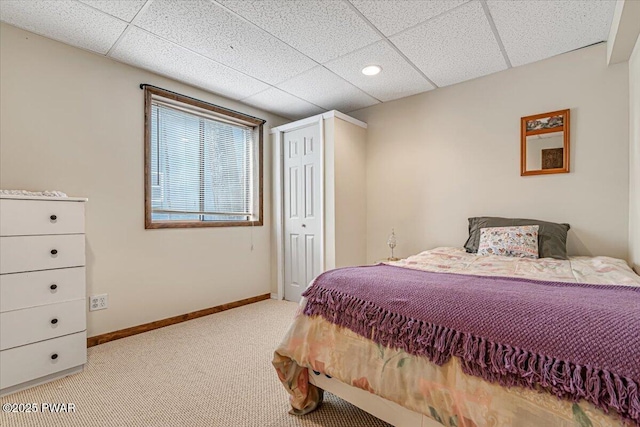 carpeted bedroom featuring a paneled ceiling and a closet