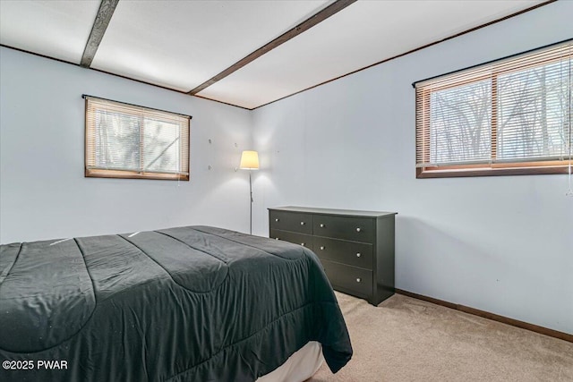 bedroom with light colored carpet