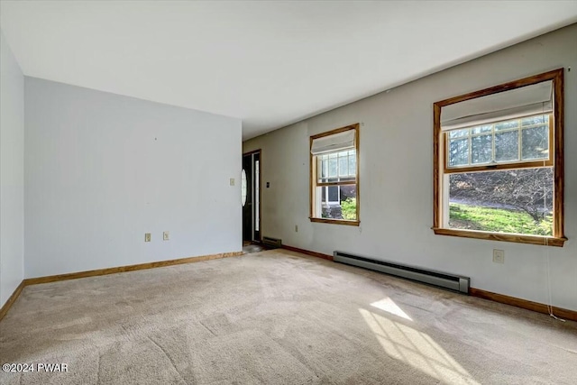 carpeted empty room with baseboard heating