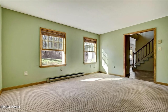 unfurnished room with carpet floors and a baseboard radiator