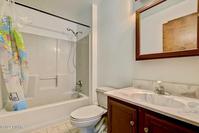 full bathroom featuring tile patterned flooring, vanity, toilet, and shower / bath combo with shower curtain