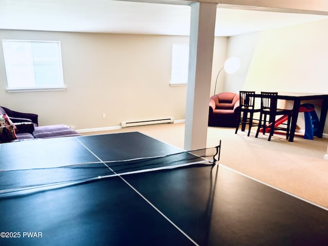 129 Skyview Rd, Dingmans Ferry, PA 18328 - game room featuring healthy amount of natural light, a baseboard heating unit, and carpet
