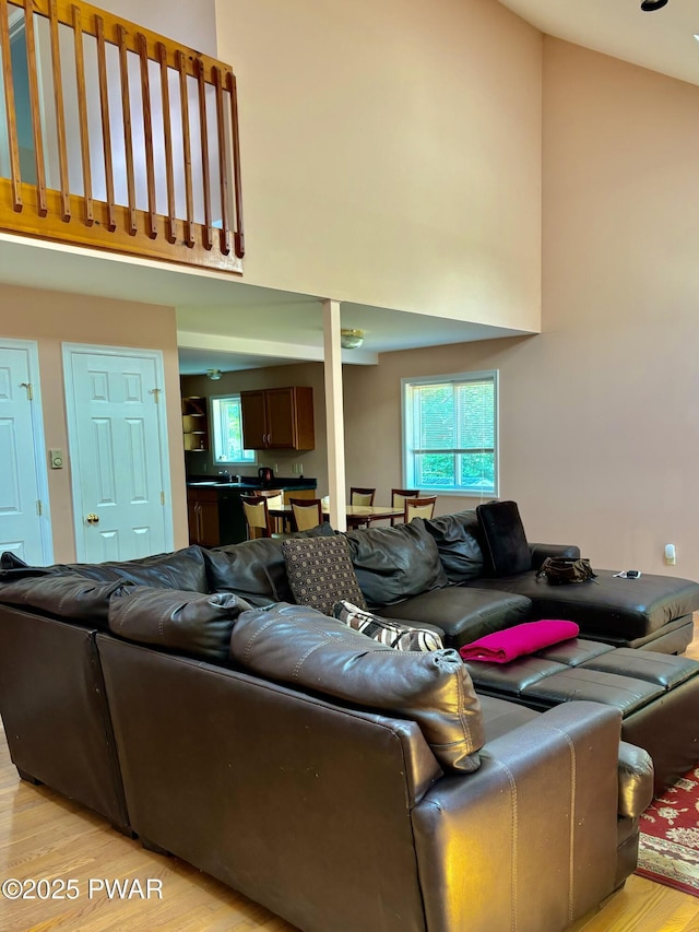 129 Skyview Rd, Dingmans Ferry, PA 18328 - living room with a towering ceiling and light wood-style floors