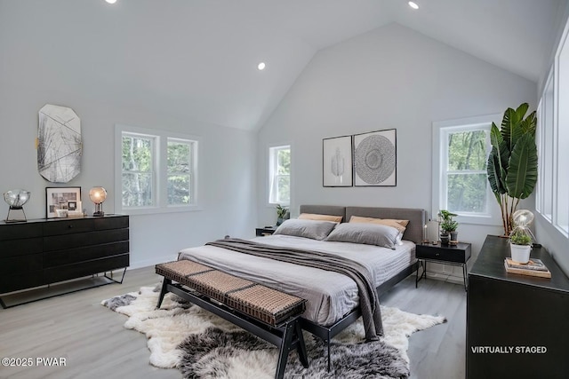 131 Song Mountain Dr, Tafton, PA 18464 - bedroom with recessed lighting, light wood-style floors, and high vaulted ceiling