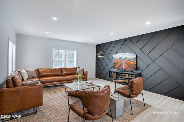 131 Song Mountain Dr, Tafton, PA 18464 - living room featuring recessed lighting, an accent wall, and light carpet