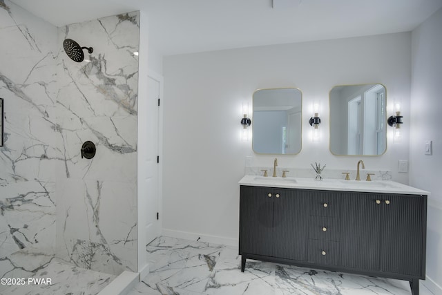131 Song Mountain Dr, Tafton, PA 18464 - bathroom with marble look tiles, a marble finish shower, and double vanity