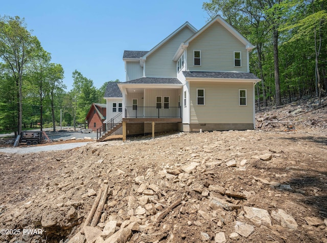 131 Song Mountain Dr, Tafton, PA 18464 - rear view of property featuring roof with shingles, stairs, and covered porch