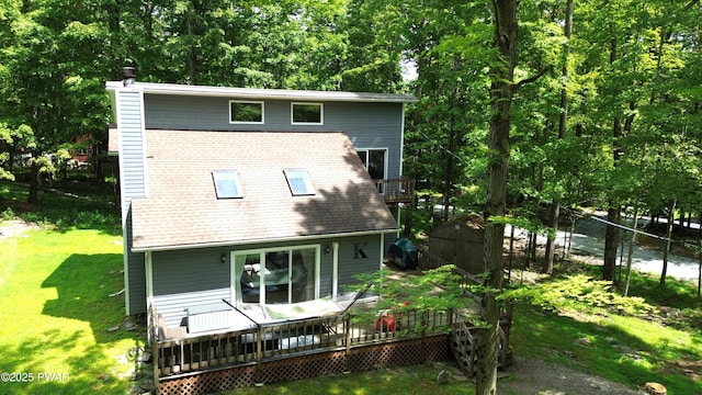 101 Summit Dr, Greentown, PA 18426 - rear view of house with a storage shed, a wooden deck, and a chimney