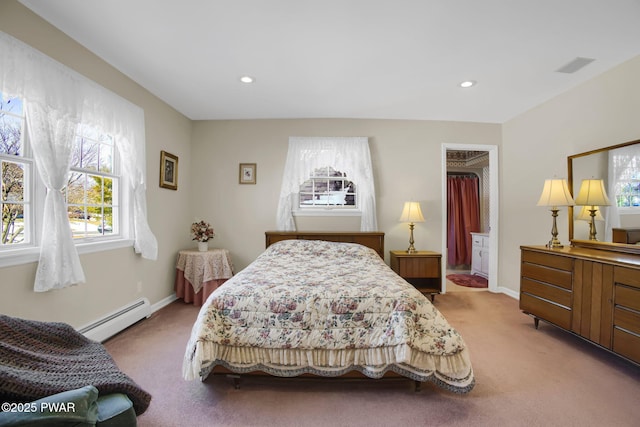 bedroom featuring a baseboard heating unit, recessed lighting, light carpet, and baseboards