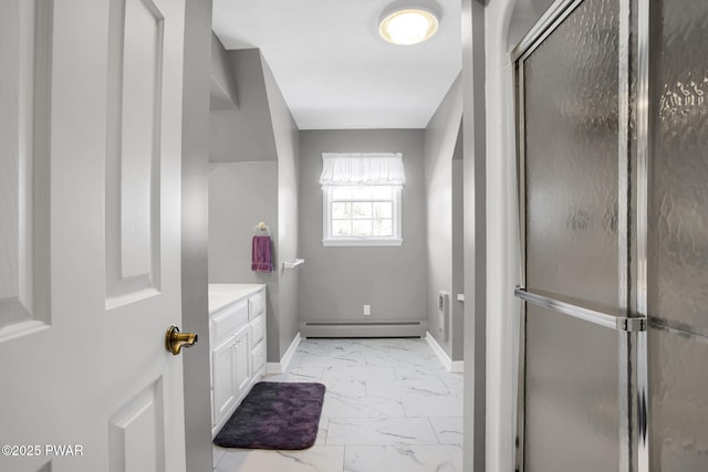 full bathroom with a baseboard radiator, a shower with shower door, vanity, baseboards, and marble finish floor