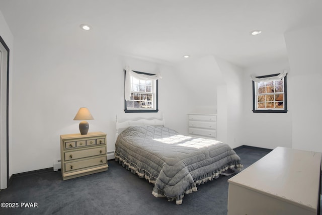 bedroom with recessed lighting, dark carpet, and baseboards