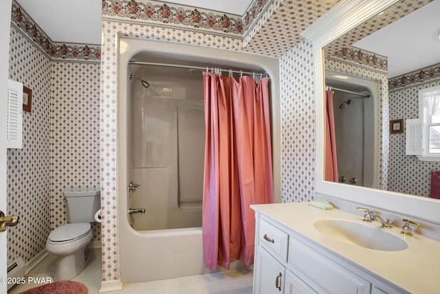 bathroom with wallpapered walls, toilet, tile patterned flooring, shower / bath combo with shower curtain, and vanity