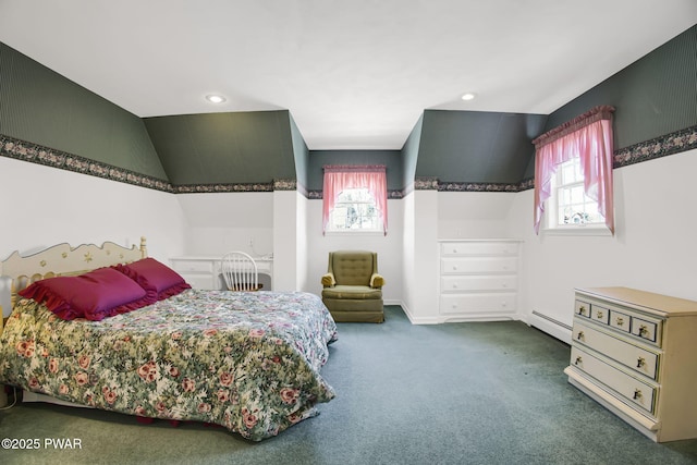 bedroom featuring multiple windows, baseboard heating, carpet flooring, and recessed lighting