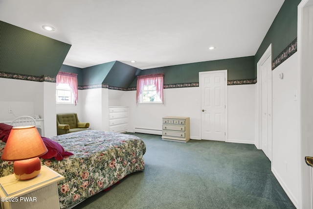 carpeted bedroom with recessed lighting, a baseboard radiator, and baseboards