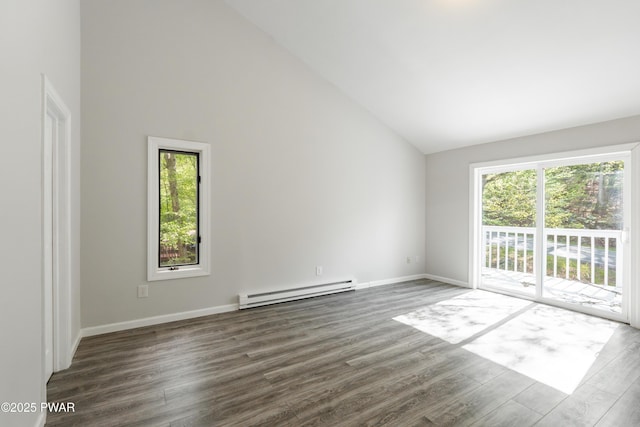 spare room featuring a baseboard radiator, wood finished floors, baseboards, and high vaulted ceiling
