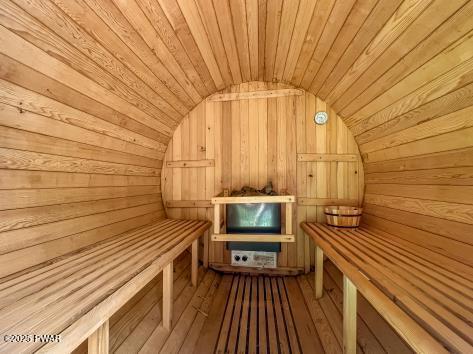 3043 Hemlock Rd, Stroudsburg, PA 18360 - sauna / steam room with wooden walls, wood ceiling, and wood-type flooring