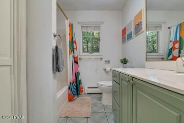 3043 Hemlock Rd, Stroudsburg, PA 18360 - bathroom featuring a baseboard radiator, vanity, toilet, tile patterned flooring, and shower / bath combination with curtain