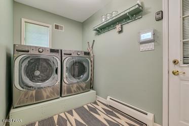 3043 Hemlock Rd, Stroudsburg, PA 18360 - laundry area featuring baseboard heating, independent washer and dryer, and baseboards