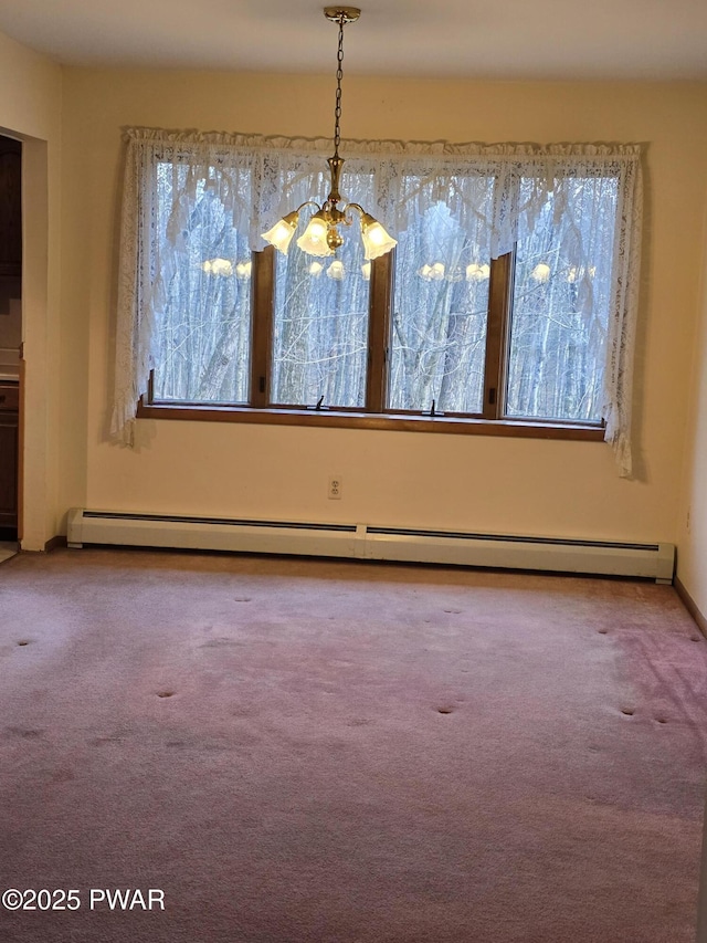 unfurnished dining area featuring a baseboard heating unit, light colored carpet, and a notable chandelier