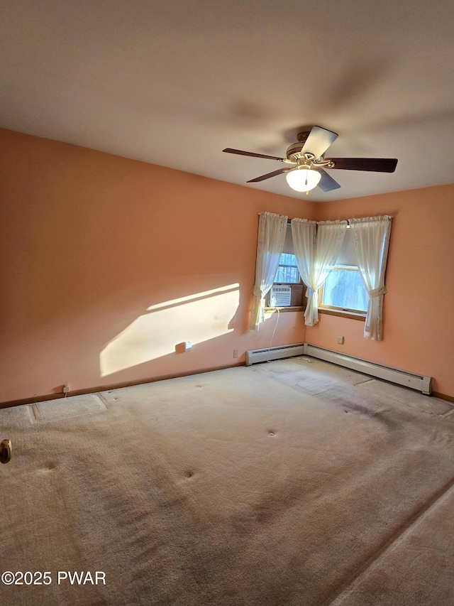 carpeted spare room with ceiling fan, baseboard heating, and cooling unit