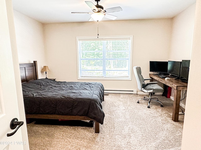 bedroom featuring carpet flooring, ceiling fan, and a baseboard heating unit