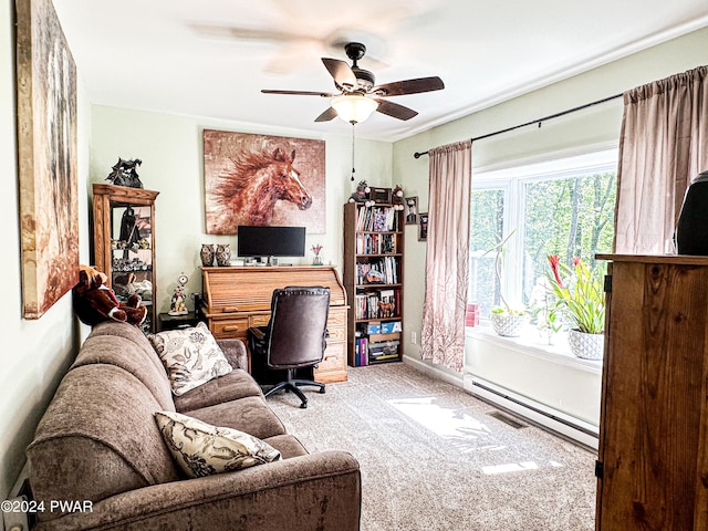 home office featuring a healthy amount of sunlight, ceiling fan, light colored carpet, and a baseboard radiator