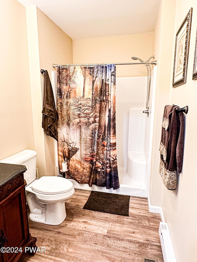 bathroom with hardwood / wood-style flooring, vanity, toilet, and walk in shower