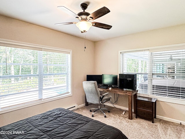 carpeted bedroom featuring ceiling fan and a baseboard radiator