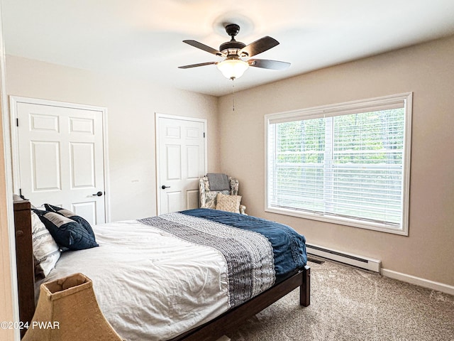 carpeted bedroom with ceiling fan and a baseboard radiator