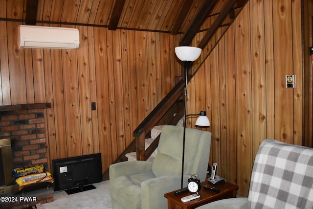 living room with carpet, a wall mounted AC, lofted ceiling, and wood walls