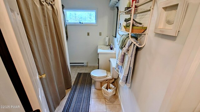 177 Crane Rd, Lakeville, PA 18438 - full bathroom with tile patterned flooring, a baseboard heating unit, vanity, and a shower with curtain