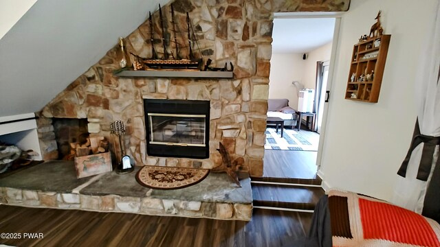 177 Crane Rd, Lakeville, PA 18438 - living area with wood finished floors and a stone fireplace