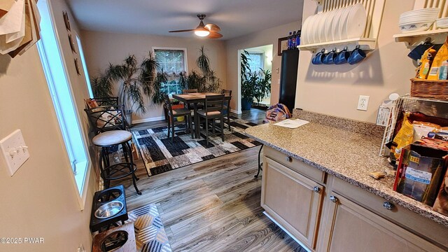177 Crane Rd, Lakeville, PA 18438 - kitchen with ceiling fan, wood finished floors, and light stone countertops