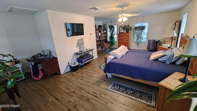 177 Crane Rd, Lakeville, PA 18438 - bedroom featuring wood finished floors, attic access, and a ceiling fan