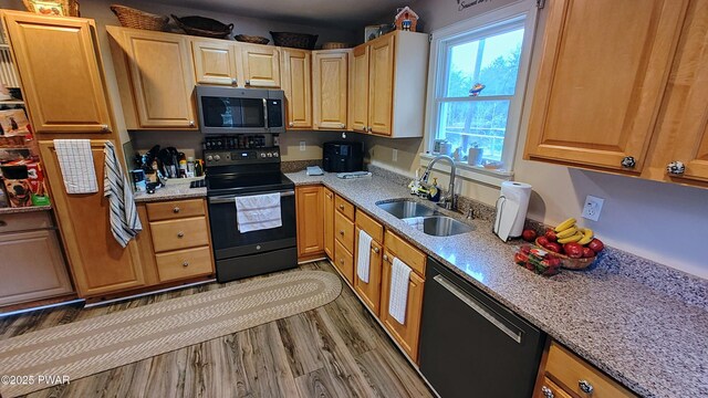 177 Crane Rd, Lakeville, PA 18438 - kitchen featuring stainless steel microwave, black range with electric cooktop, dishwasher, wood finished floors, and light stone counters
